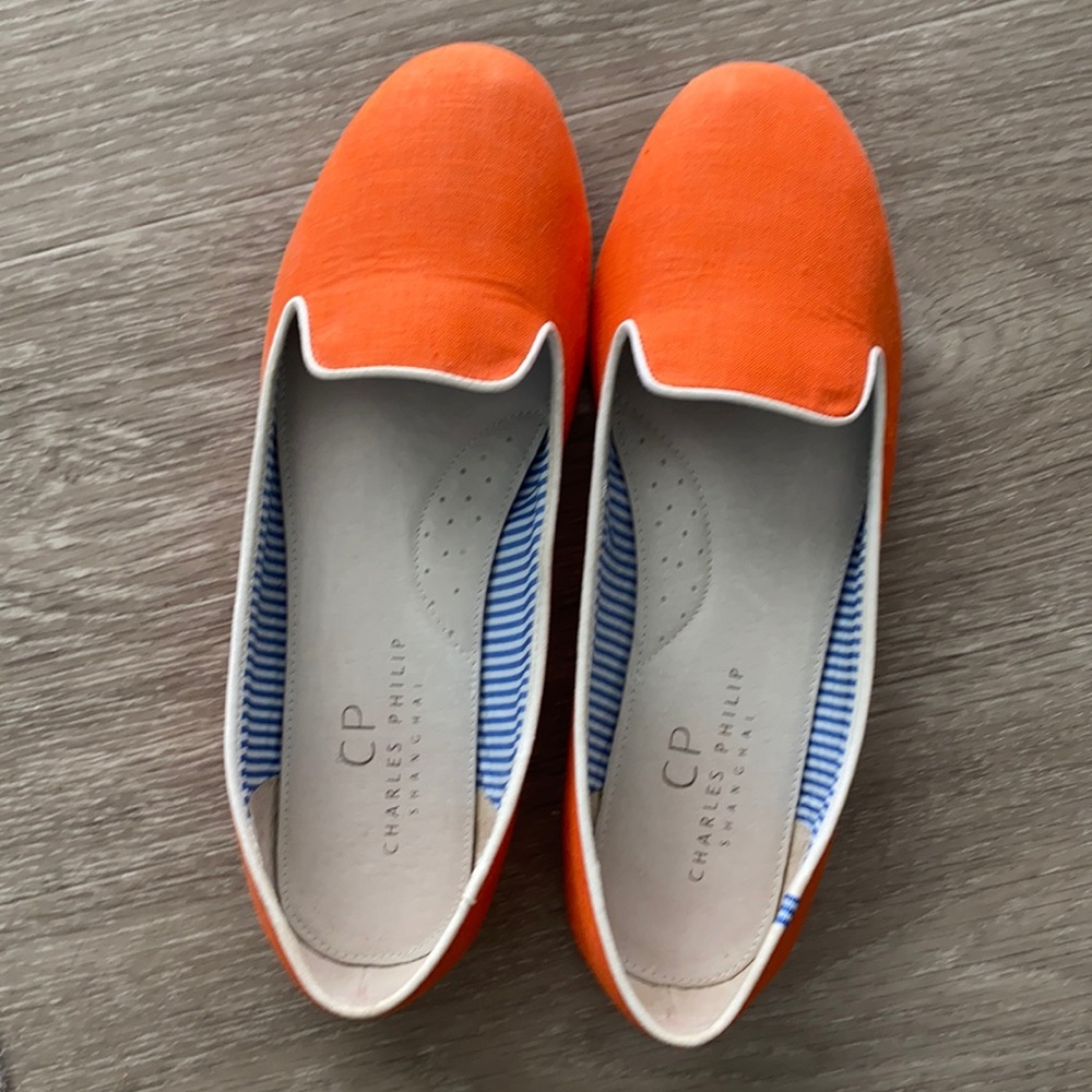 Charles Philip orange summer fabric loafers